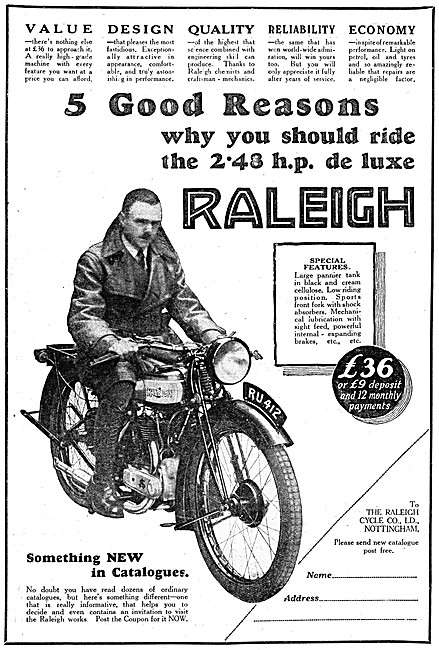 Raleigh 2.48 hp De Luxe Motor Cycle 1929 Advert                  