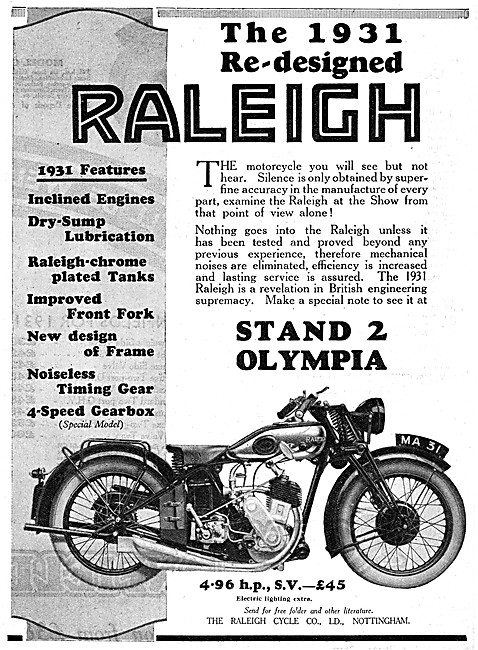 Raleigh 4.96 hp SV 1930 Advert                                   