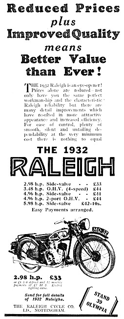 The Raleigh Range Of Motor Cycles For 1932 - 2.98 HP Raleigh     