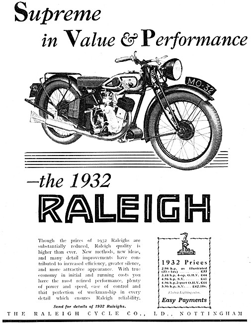 Raleigh Motor Cycles Models & Prices For 1932 - Raleigh 2.98 hp  