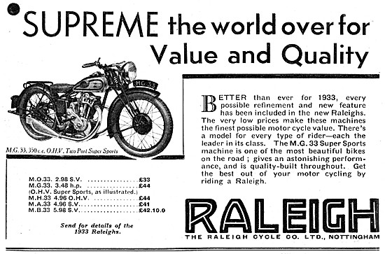 1933 Raleigh MG 33 350 cc OHV Two Port Super Sports Motor Cycle  