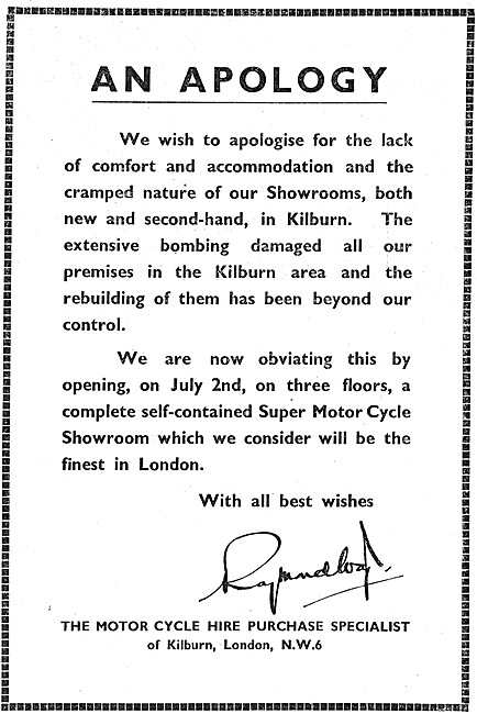 Raymond Way Motors. Motor Cycle Sales & Service. Kilburn         