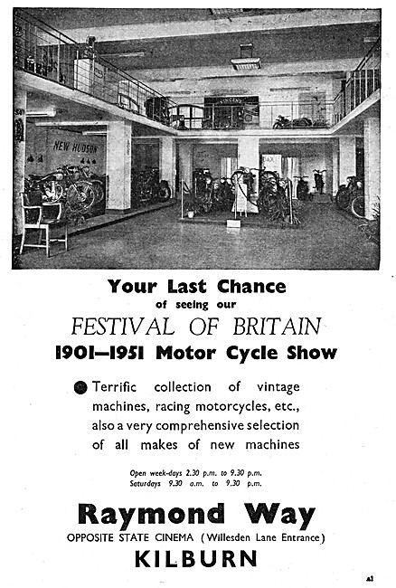 Raymond Way Motors. Motor Cycle Sales 1951 Advert                