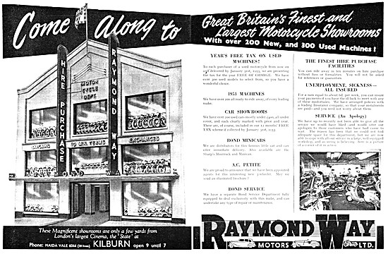 Raymond Way Motors. Motor Cycle Sales Kilburn. 1953 Advert       