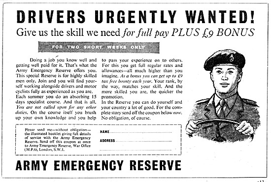 Army Emergency Reserve Call For Drivers & Motorcyclists 1955 Adve