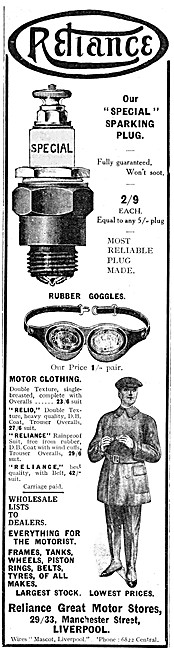 Reliance Spark Plugs - Reliance Rubber Goggles 1913              