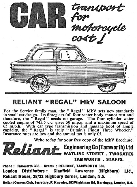Reliant Regal Mk V Saloon Three Wheeler 1960                     