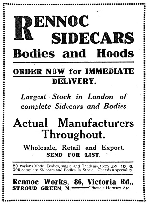 Rennoc Sidecars 1920 Advertr                                     