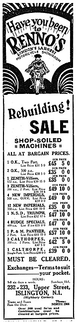 Rennos Motor Cycle Dealership - Islington 1928 Advert            