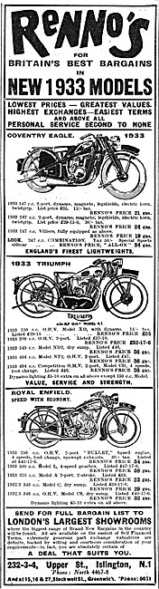 Rennos Motor Cycle Sales 1933                                    