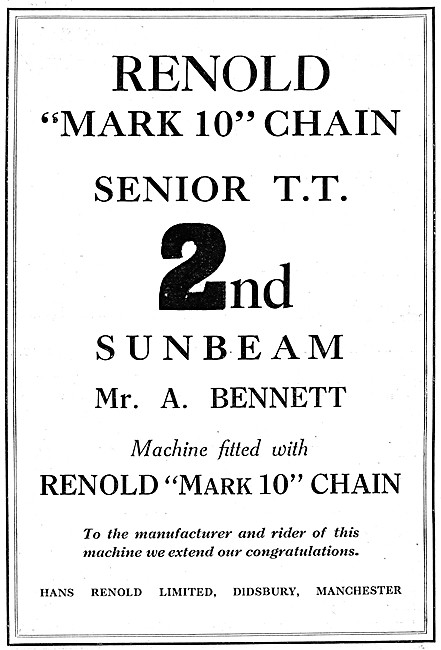 Renold Mark 10 Motor Cycle Chains 1929 Advert                    