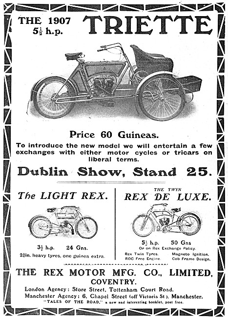 Rex 5 1/2 De Luxe  Motor Cycles - 1907 Rex Triette Tricar        