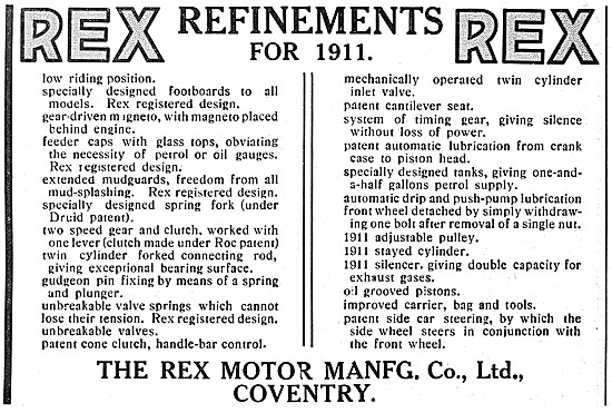 1911 Rex Motor Cycle Features                                    