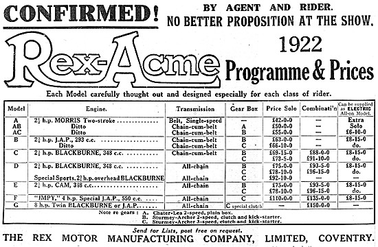 Rex Motor Cycles 1921 Model Range & Price List                   