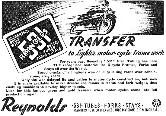 Reynolds 531 Butted Tubes, Forks & Stays 1946 Advert             