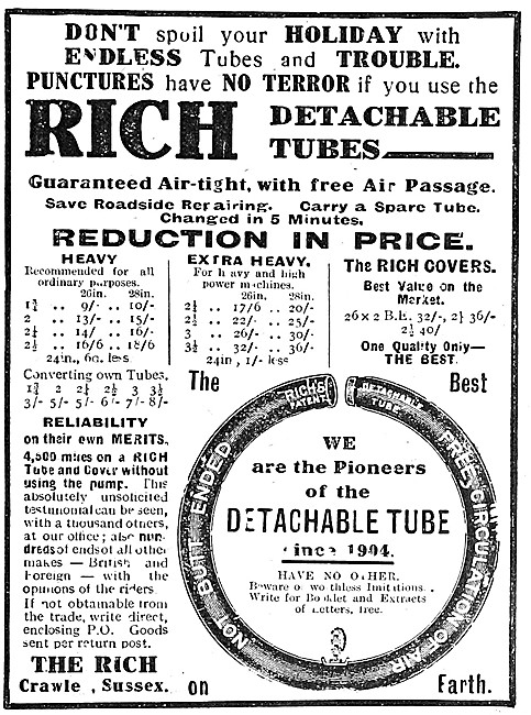 Rich Motor Cycle Inner Tubes & Tyre Covers 1912 Advert           