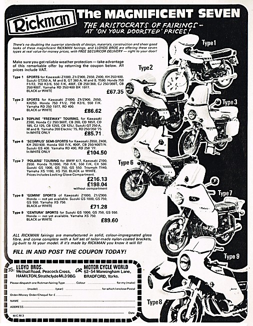 The 1979 Rickman Motor Cycle Fairings Range                      