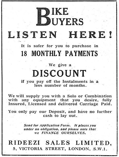 Rideezi Motor Cycle & Sidecar Sales 1923 Advert                  