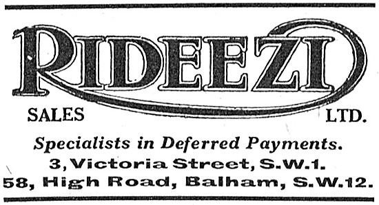 Rideezi Motor Cycle Sales. 58 High Road Balham. 1927 Advert      