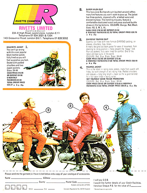 Rivetts Motor Cycle Leathers 1974 Styles                         