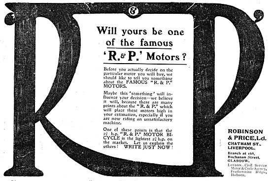 Robinson & Price Motor Cycles - R.P. Motor Bicycles 1904 Advert  