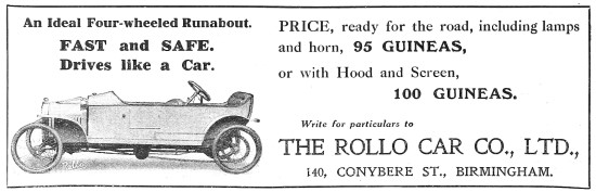 Rollo 4-Wheeler Cyclecar 1912 Advert                             
