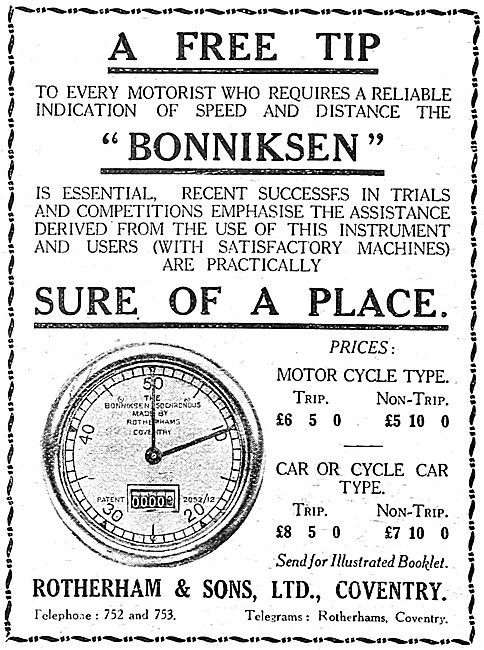 1921 Rotherham Speedometer - Bonniksen Speedometer               