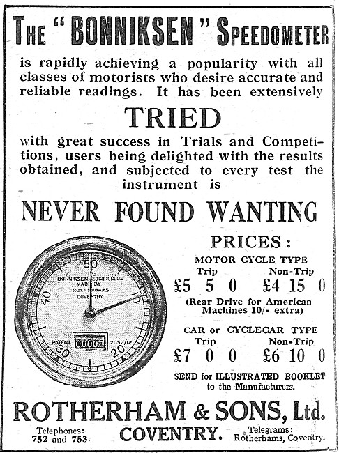 Rotherham Motor Cycle Instruments - Bonniksen Speedometer        