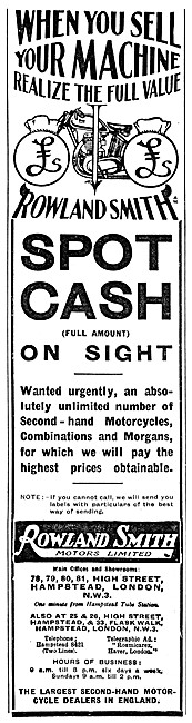 Rowland Smith Motor Cycle Sales 1929 Advert                      