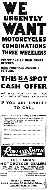 Rowland Smith Motor Cycles Wanted For Cash 1936 Advert           