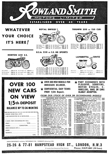 Rowland Smith Motor Cycle Sales 1965 Advert                      