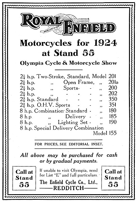 1924 Royal Enfield Motor Cycle Model range & Prices              