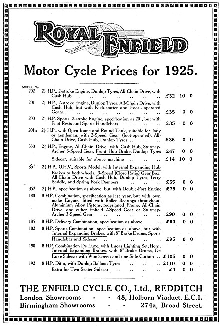 1924 Royal Enfield Model Motor Cycle Range & Price List          