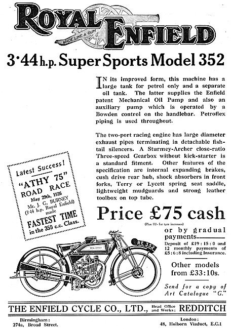 Royal Enfield 3.44 hp Super Sports Motor Cycle 1926 Advert       