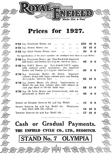Royal Enfield Price List For 1926 Motor Cycles                   