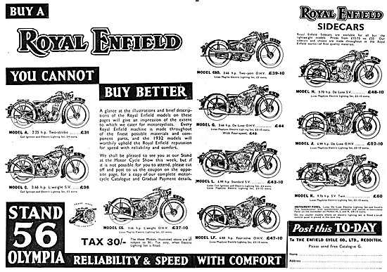 Royal Enfield  Complete Model Range & Price List For 1932        