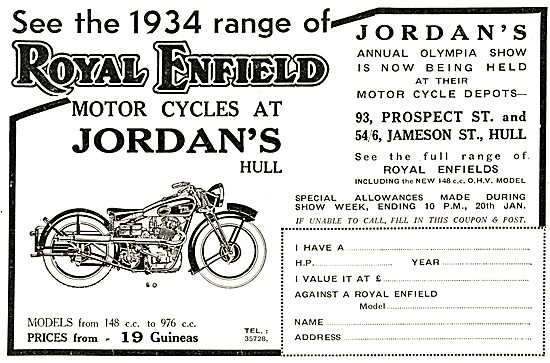 Jordans Of  Hul lRoyal Enfield  Motor Cycle Dealership 1934 Adver