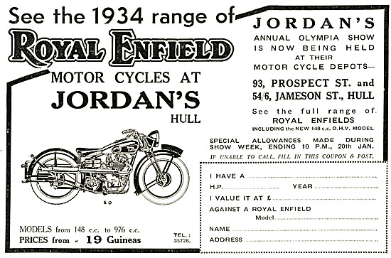Jordans Of  Hul lRoyal Enfield  Motor Cycle Dealership 1934 Adver