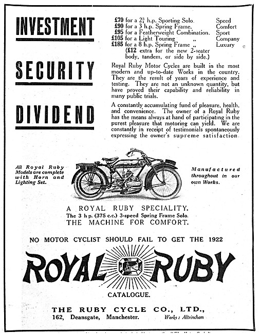 Royal Ruby 375cc  Motor Cycle 1921                               