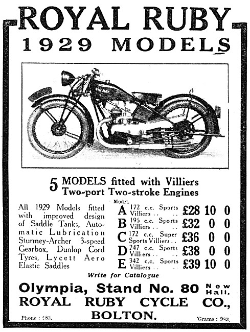 The Royal Ruby Villiers Two-Port Motor Cycle Range For 1929      