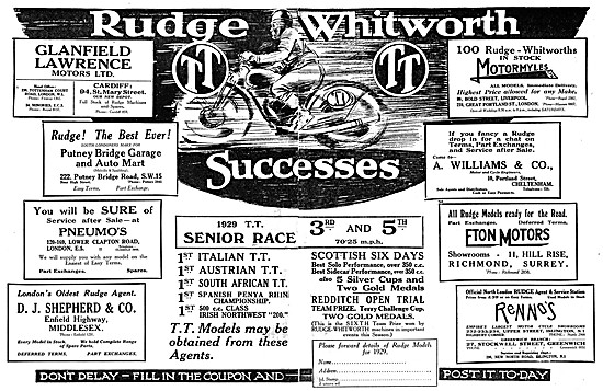 Rudge-Whitworth Motor Cycle Dealerships 1929                     