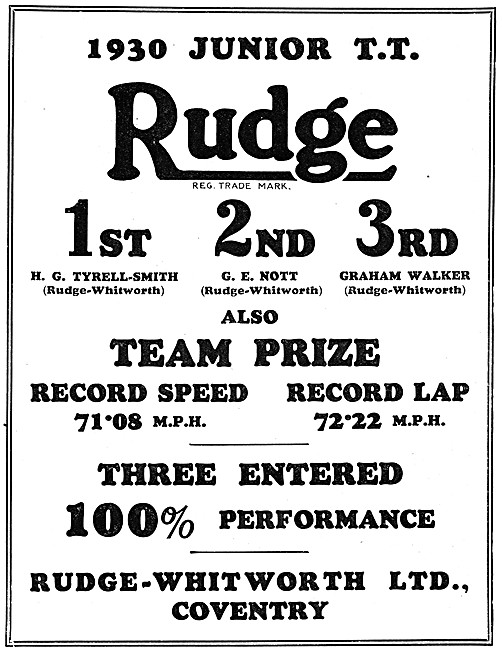 1930 Rudge Motorcycles Advert                                    