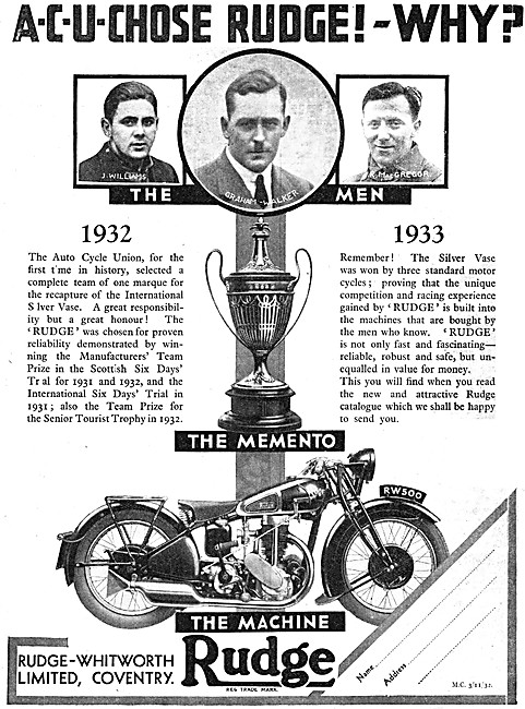 1932 Rudge Silver Vase 500 cc Motorcycles                        