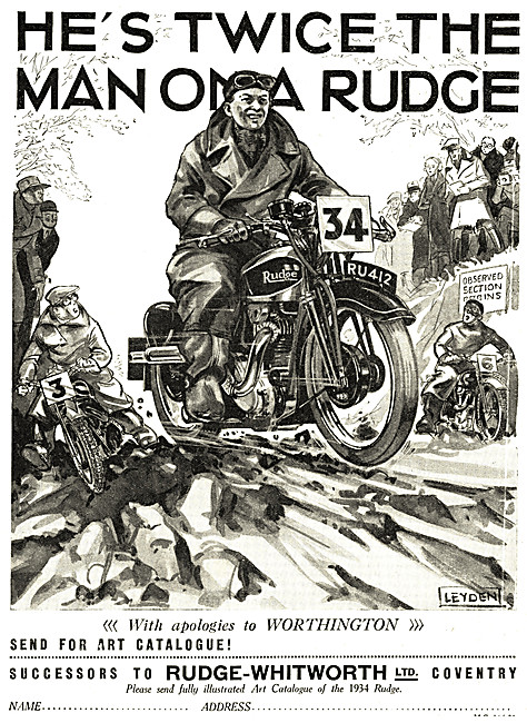 1934 Rudge Motor Cycles Cartoon Advert                           