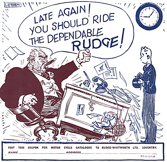 Dependable Rudge Motor Cycles 1936 Cartoon Advert                