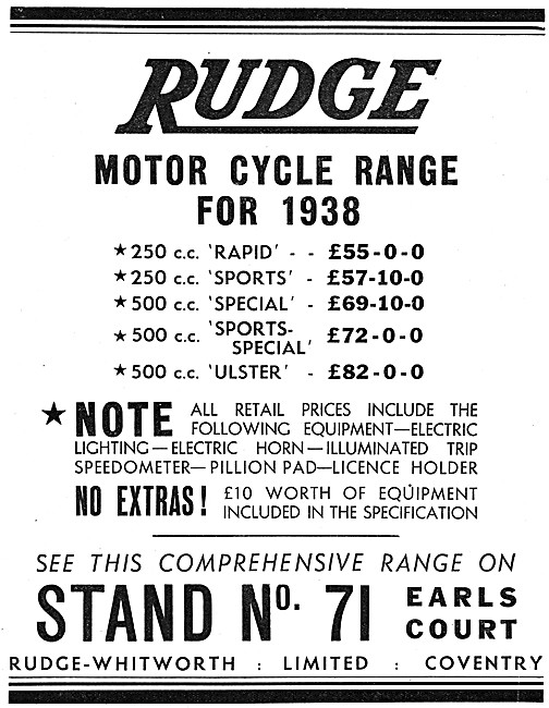 Rudge Motor Cycle Range For 1938                                 