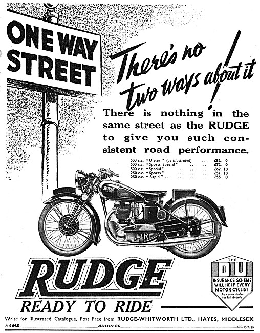 1939 Rudge Ulster 500 cc Motor Cycle Advert                      