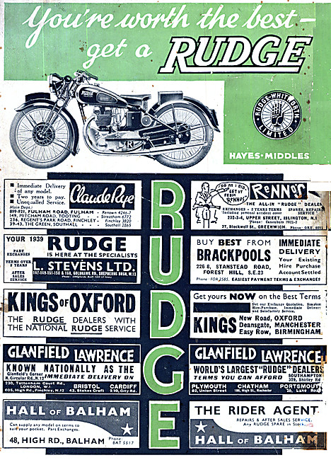 Rudge Motorcycle Dealers For 1939                                
