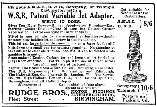 Rudge Brothers - W.S.R. Patent Variable Carburetter Jet Adapter  