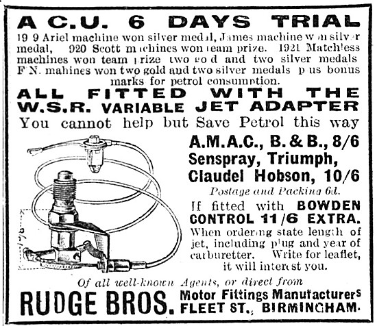 Rudge Brothers - W.S.R. Patent Variable Carburetter Jet Adapter  